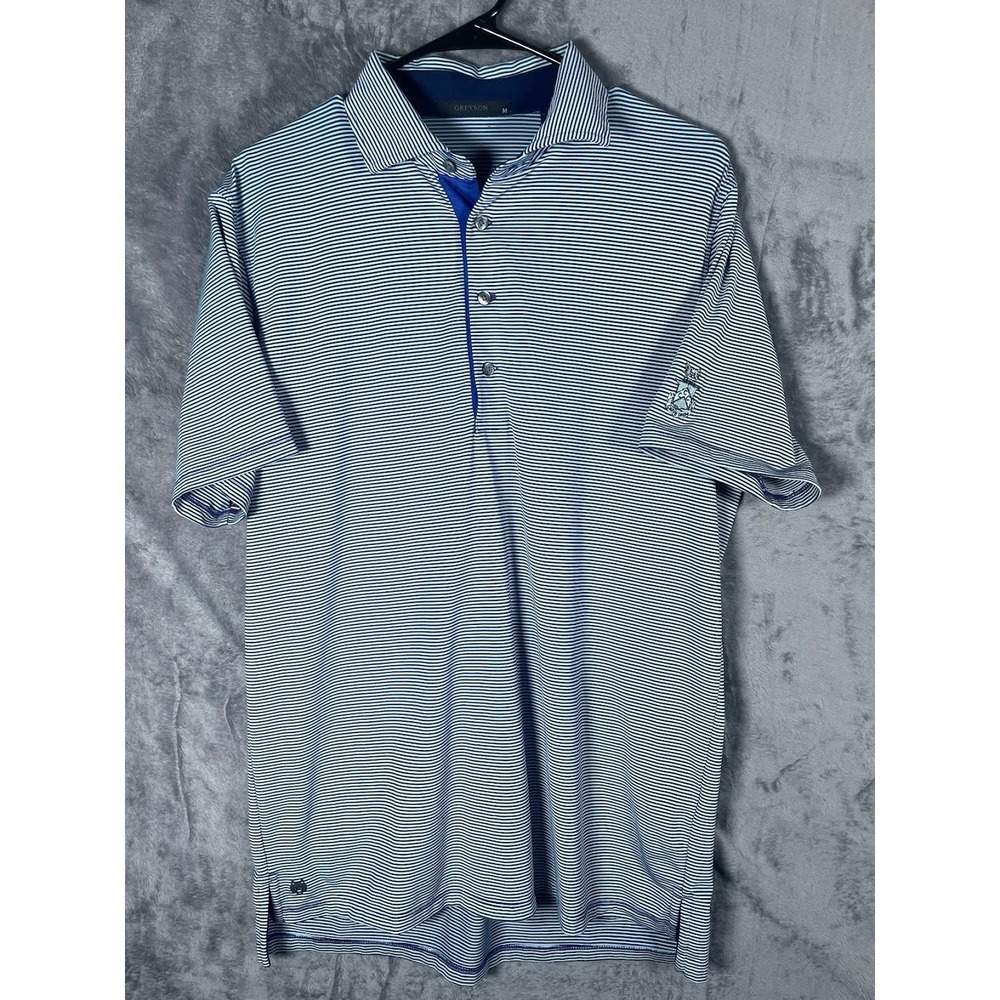 Greyson Men's Golf Polo Shirt Carpe Diem Logo Blue Striped Size Medium